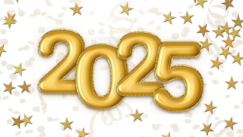 Goldene Zahl 2025 auf weißem Grund mit Sternen und Konfettischlangen